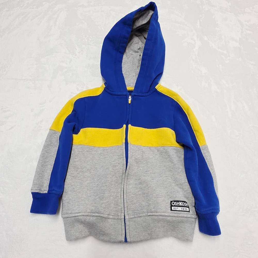 OshKosh B'gosh Kids Toddler 2T Zip Up Hoodie Blue‎ Yellow Gray Color Block